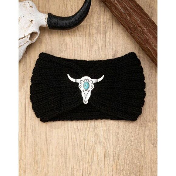 2/$21 Ladies Black Bull Head Knitted Winter Headband - Winter Ear Warmers - Picture 1 of 6